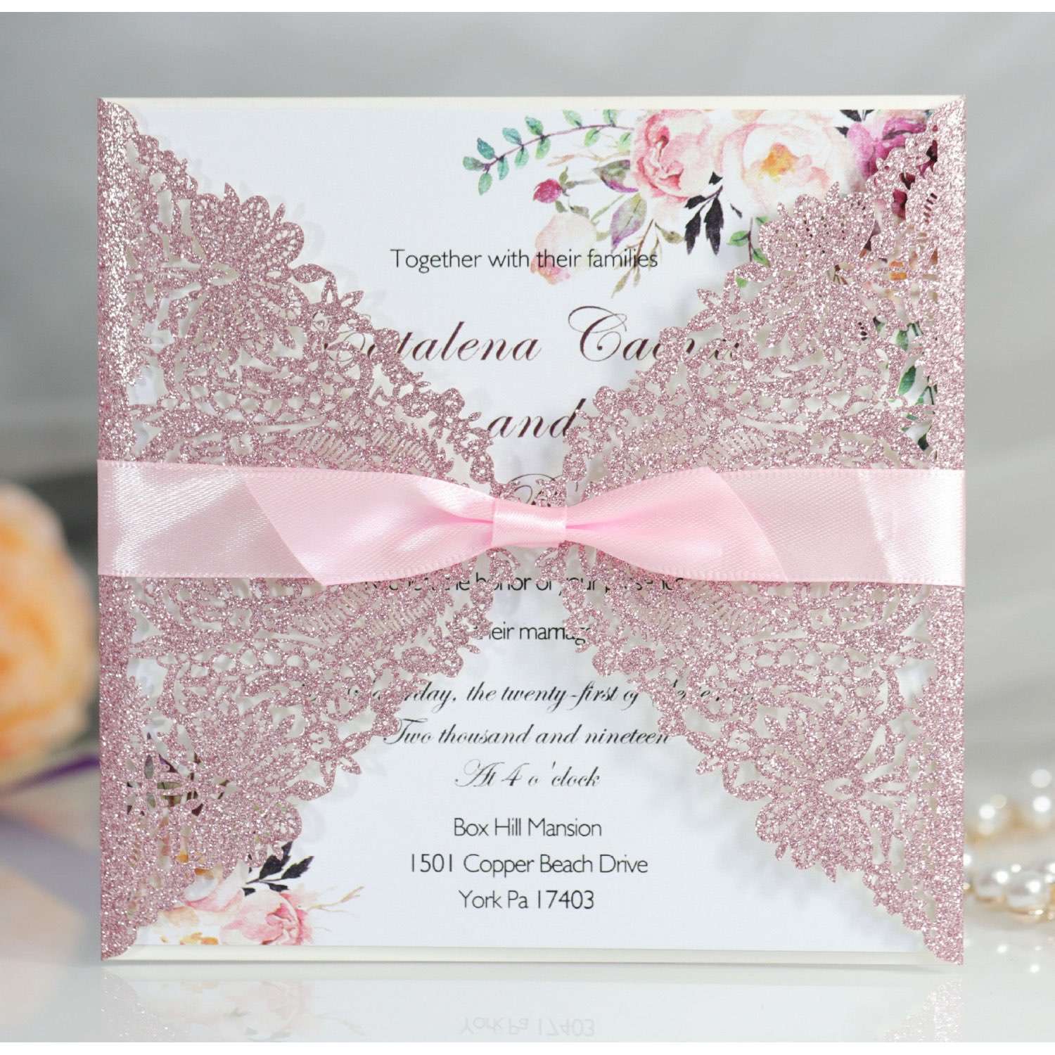 Invitation Card With Ribbon Bow Wedding Invitation Card Laser Cut Glitter Paper